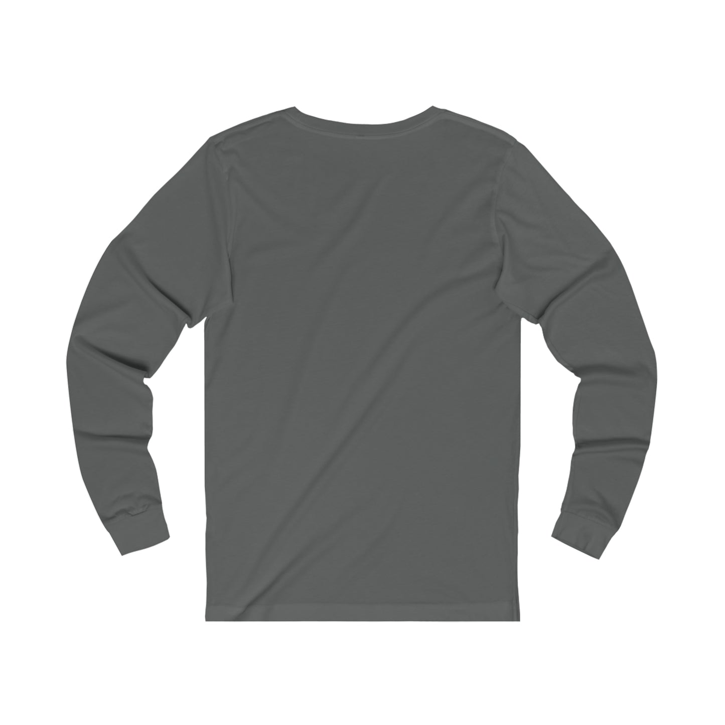 A plain long-sleeve charcoal gray Printify Unisex Jersey Long Sleeve Signature Logo Tee displayed on a white background, showing the back view of the shirt, featuring a Cabbagetown, Toronto graphic.