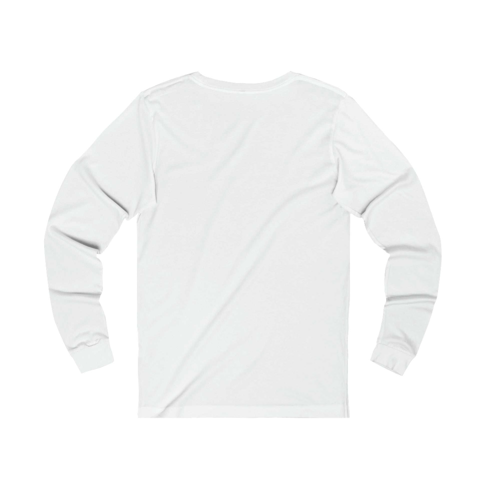 A plain white Unisex Jersey Long Sleeve Signature Logo Tee displayed on a white background, isolated without any model, showing the back view of the shirt in Cabbagetown by Printify.