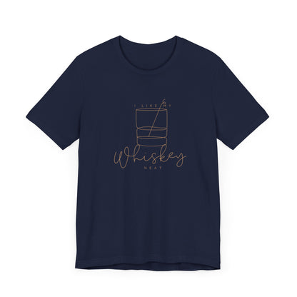 The "I Like My Whiskey Neat Unisex Jersey Short Sleeve Tee" by Printify is a navy blue shirt crafted from soft cotton for the perfect retail fit, featuring a minimalist line drawing of a whiskey glass with stylish script font text underneath stating "I Like My Whiskey Neat.