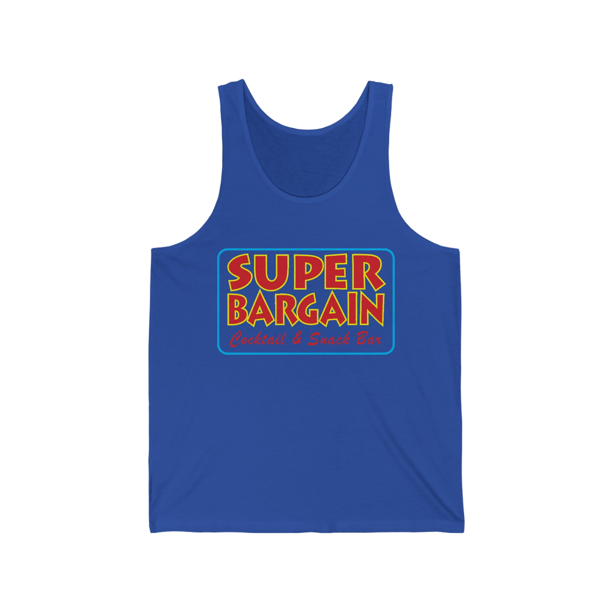 A Printify Unisex Jersey Tank featuring a colorful rectangle with the text "SUPER BARGAIN" in bold yellow letters, and "Discounted & Street Bin - Cabbagetown" in smaller red letters below.