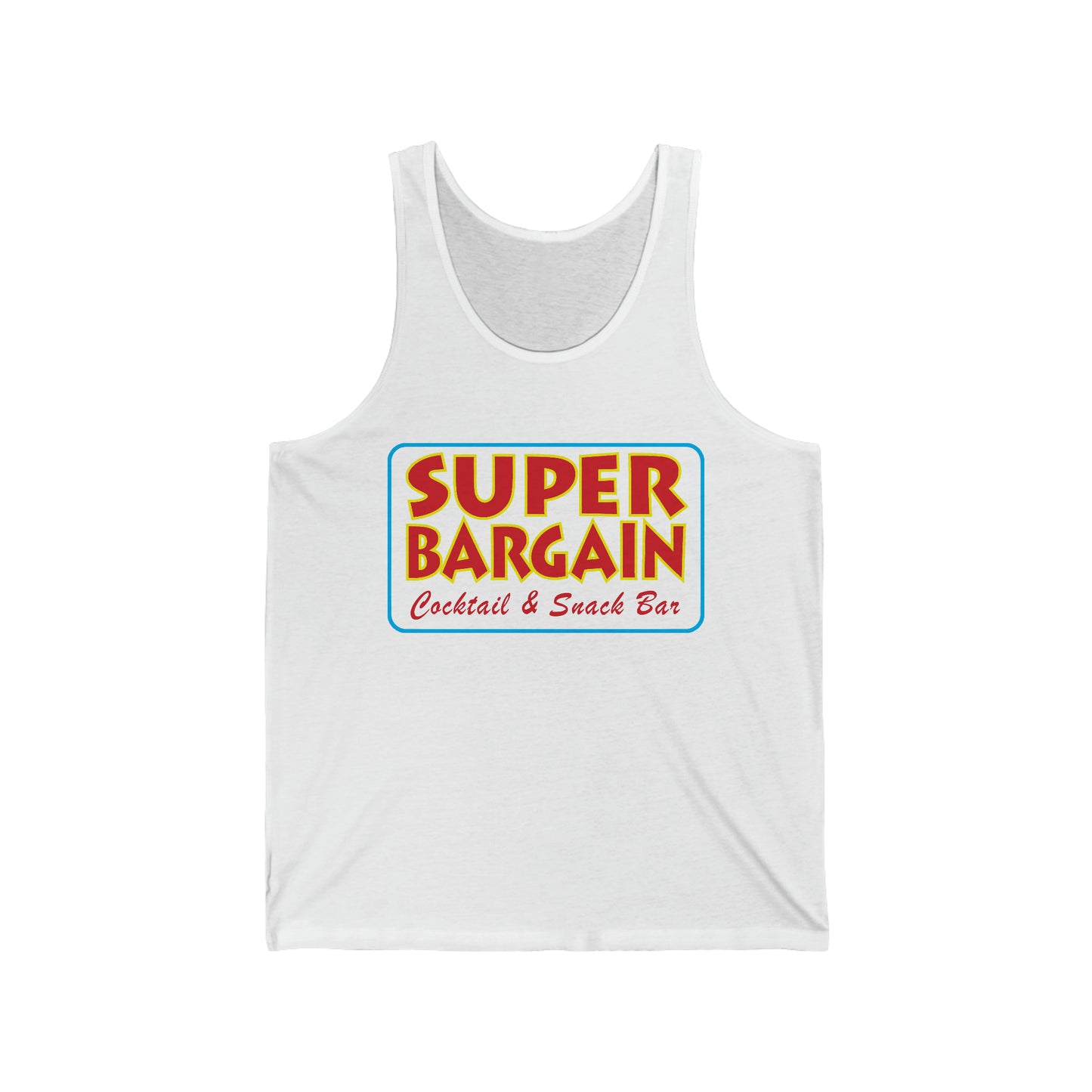 A Printify Unisex Jersey Tank featuring a colorful design with the text "SUPER BARGAIN" in red and yellow, and "Cocktail & Snack Bar - Cabbagetown, Toronto" in smaller blue lettering, all centered within a yellow and red border.