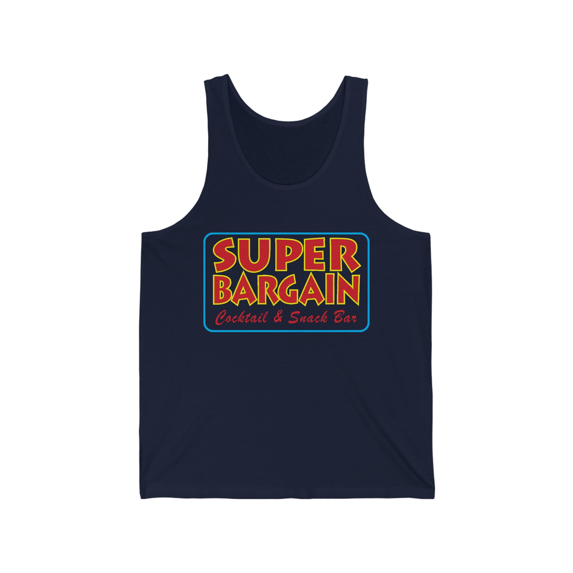 Navy blue Unisex Jersey Tank with a colorful "SUPER BARGAIN Cocktail & Snack Bar - Cabbagetown, Toronto" logo printed in the center, featuring red, yellow, and green colors by Printify.