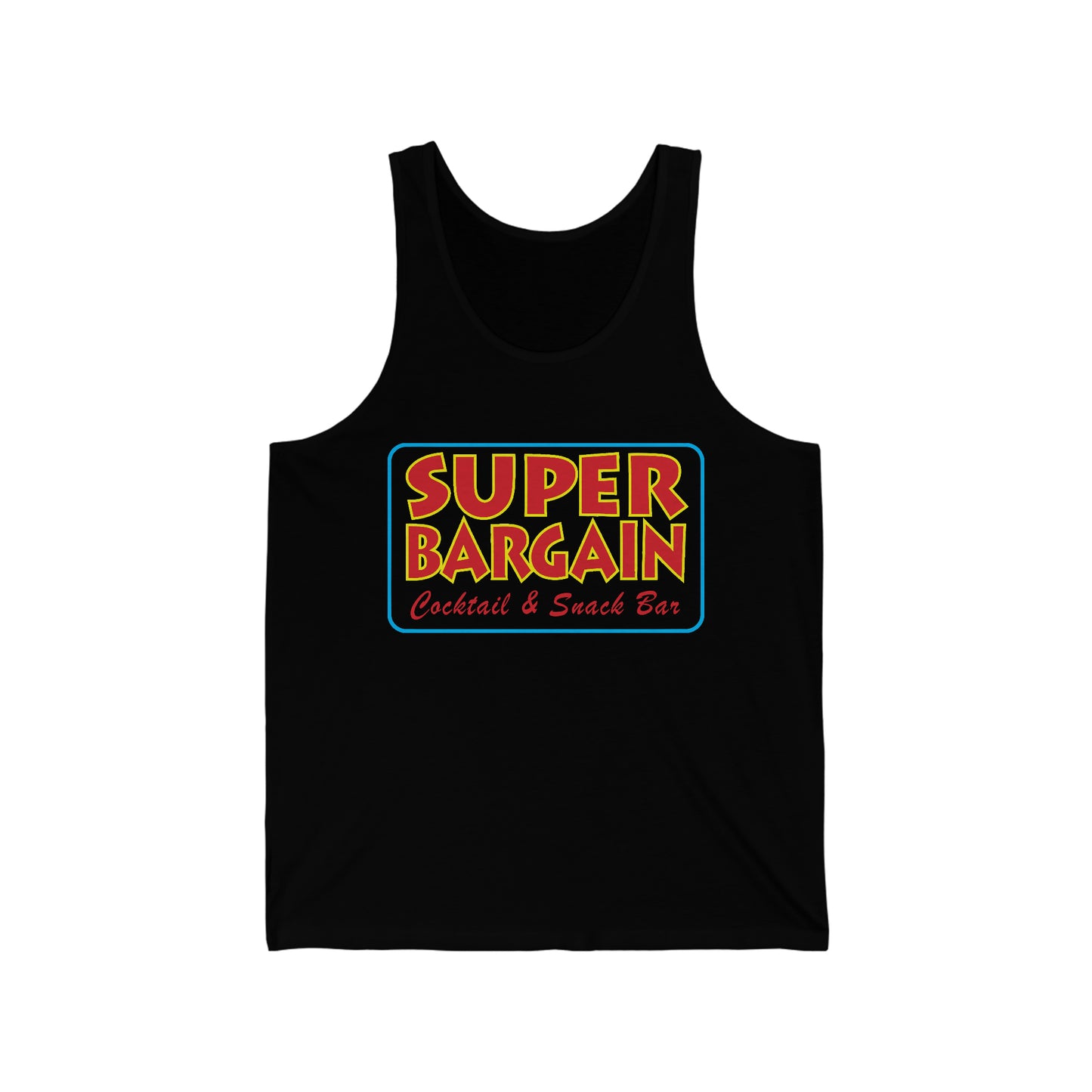A black Unisex Jersey Tank featuring a colorful retro-style logo that reads "SUPER BARGAIN Cocktail & Snack Bar, Cabbagetown, Toronto" in bold yellow, red, and green fonts on a blue background.