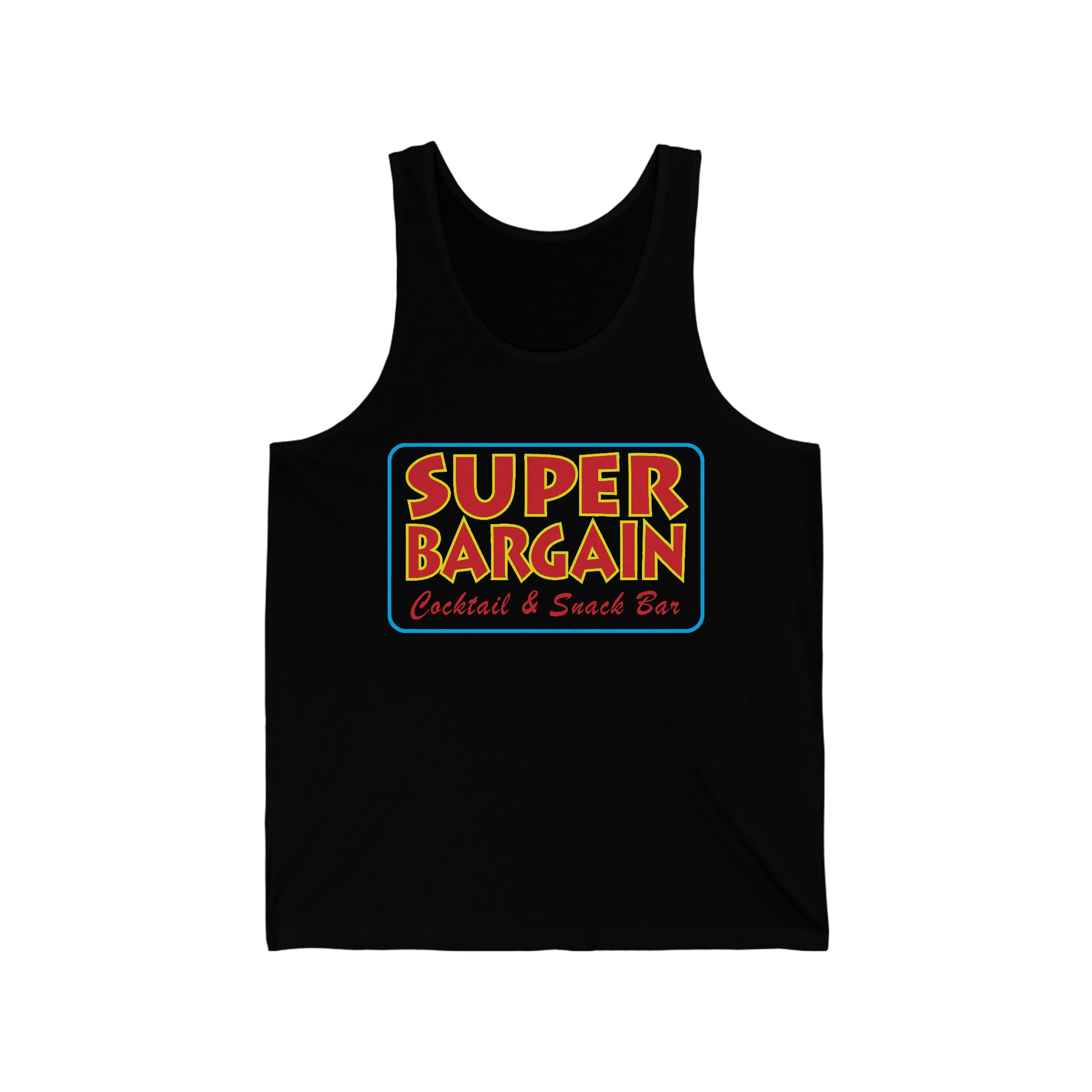 A black Unisex Jersey Tank featuring a colorful retro-style logo that reads "SUPER BARGAIN Cocktail & Snack Bar, Cabbagetown, Toronto" in bold yellow, red, and green fonts on a blue background.