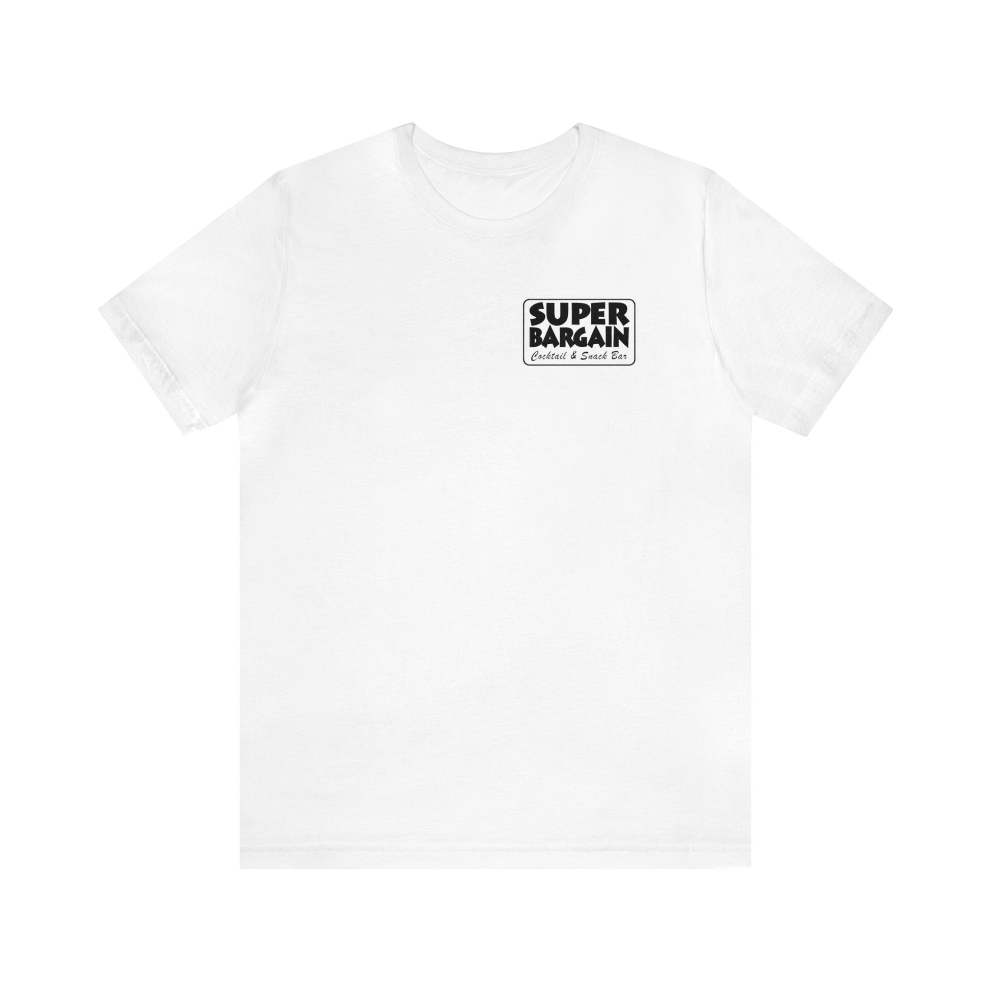 A plain white Unisex Jersey Short Sleeve Monochrome Logo Tee with a small black and white logo on the left chest that reads "SUPER BARGAIN" in bold letters, with "Cabbagetown, Toronto" underneath in smaller text by Printify.