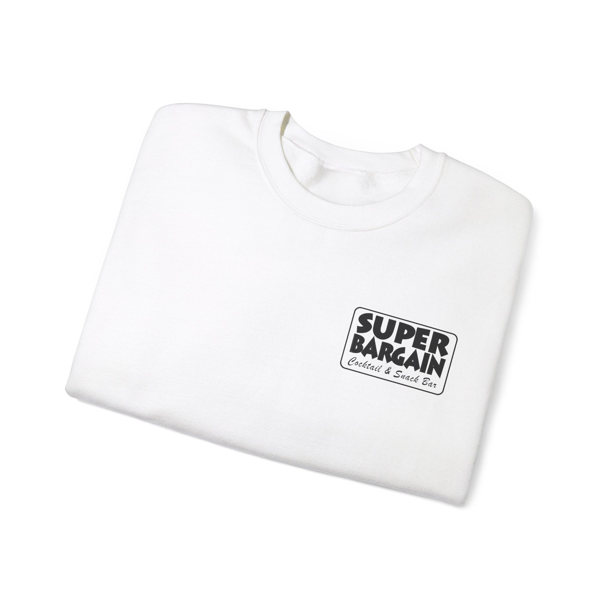 A folded Unisex Heavy Blend™ Crewneck Monochrome Logo Sweatshirt with the logo "SUPER BARGAIN" printed in black on the front, placed on a white background in Cabbagetown, Toronto.