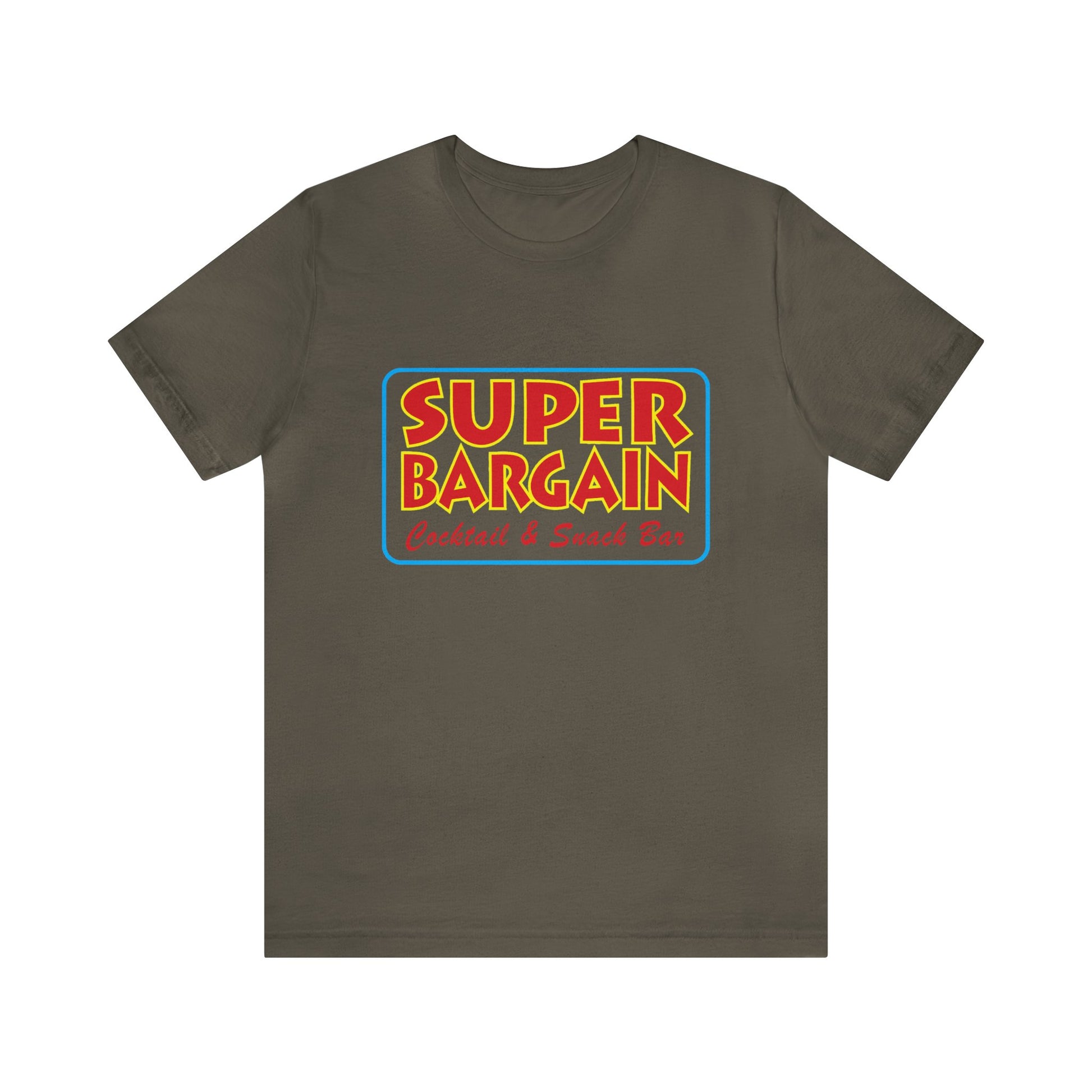 A plain olive green Unisex Jersey Short Sleeve Tee by Printify featuring a colorful rectangular graphic with the text "SUPER BARGAIN" in bold, surrounded by a red outline and the words "Toronto Crafted & Smart Buy" below.