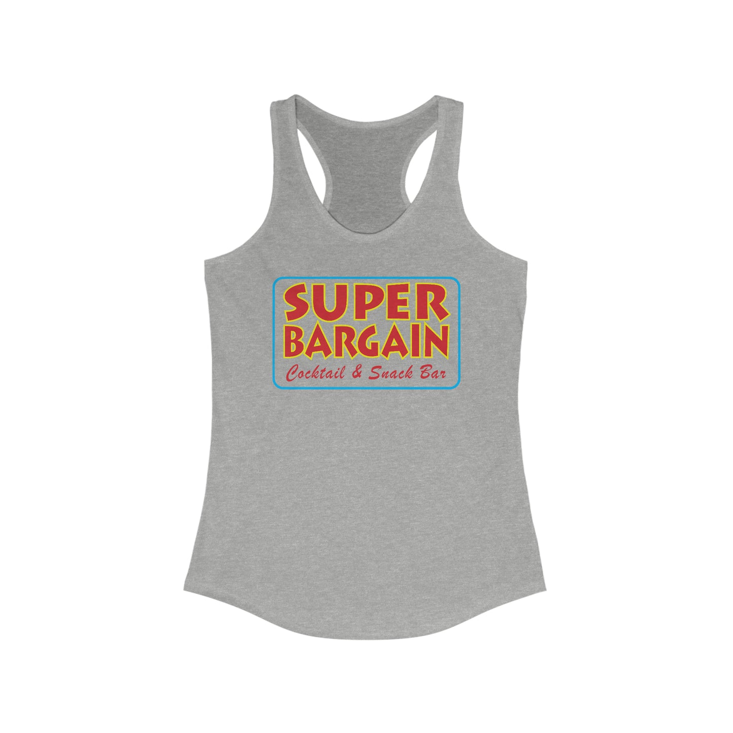 Gray Women's Logo Racerback Tank by Printify featuring a colorful logo with text "SUPER BARGAIN Cabbagetown Cocktail & Snack Bar" in retro style on the chest area.