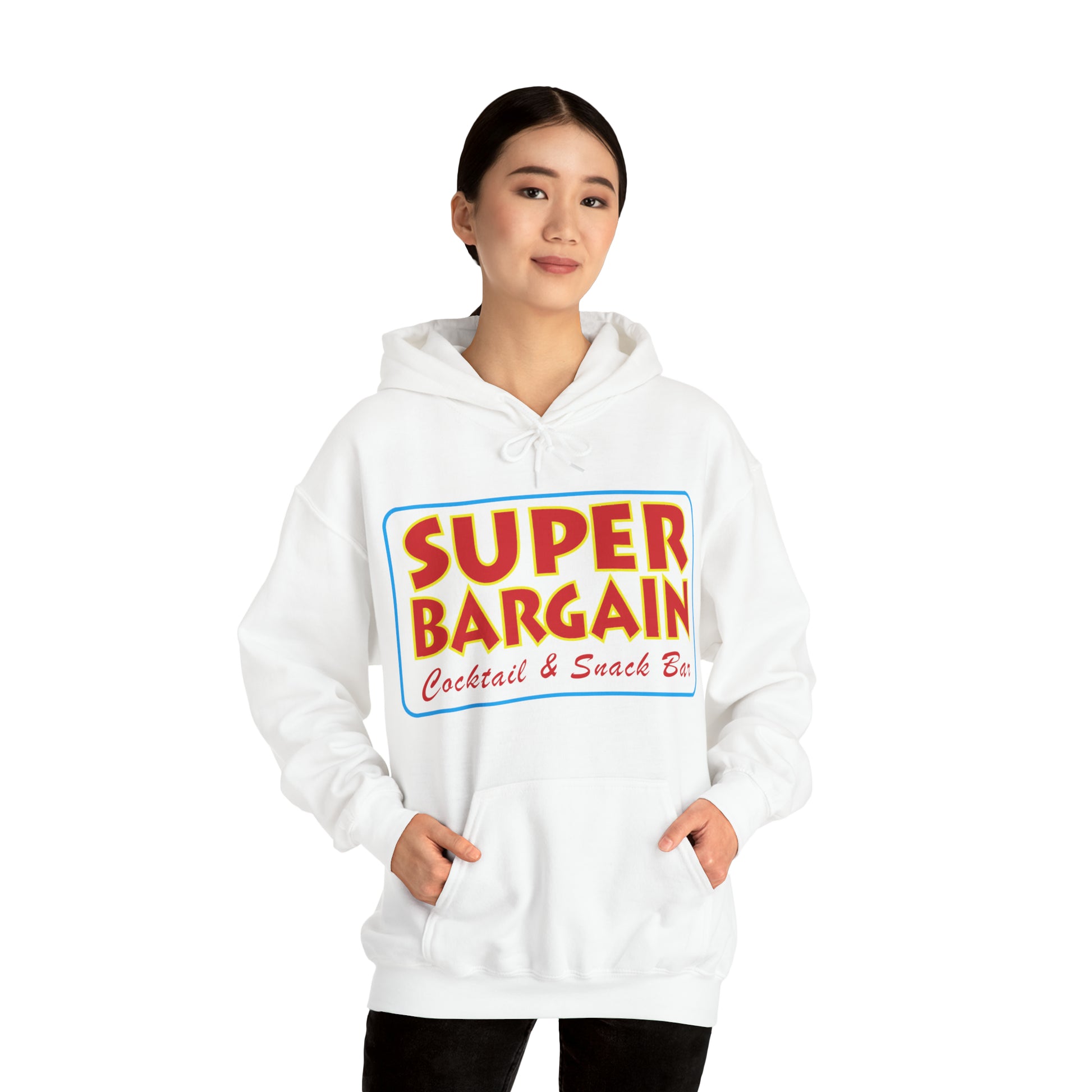 A young Asian woman wearing a white hoodie with "Printify Unisex Heavy Blend™ Hooded Sweatshirt" printed in colorful letters on the front. She stands against a white background, looking calmly at the camera.