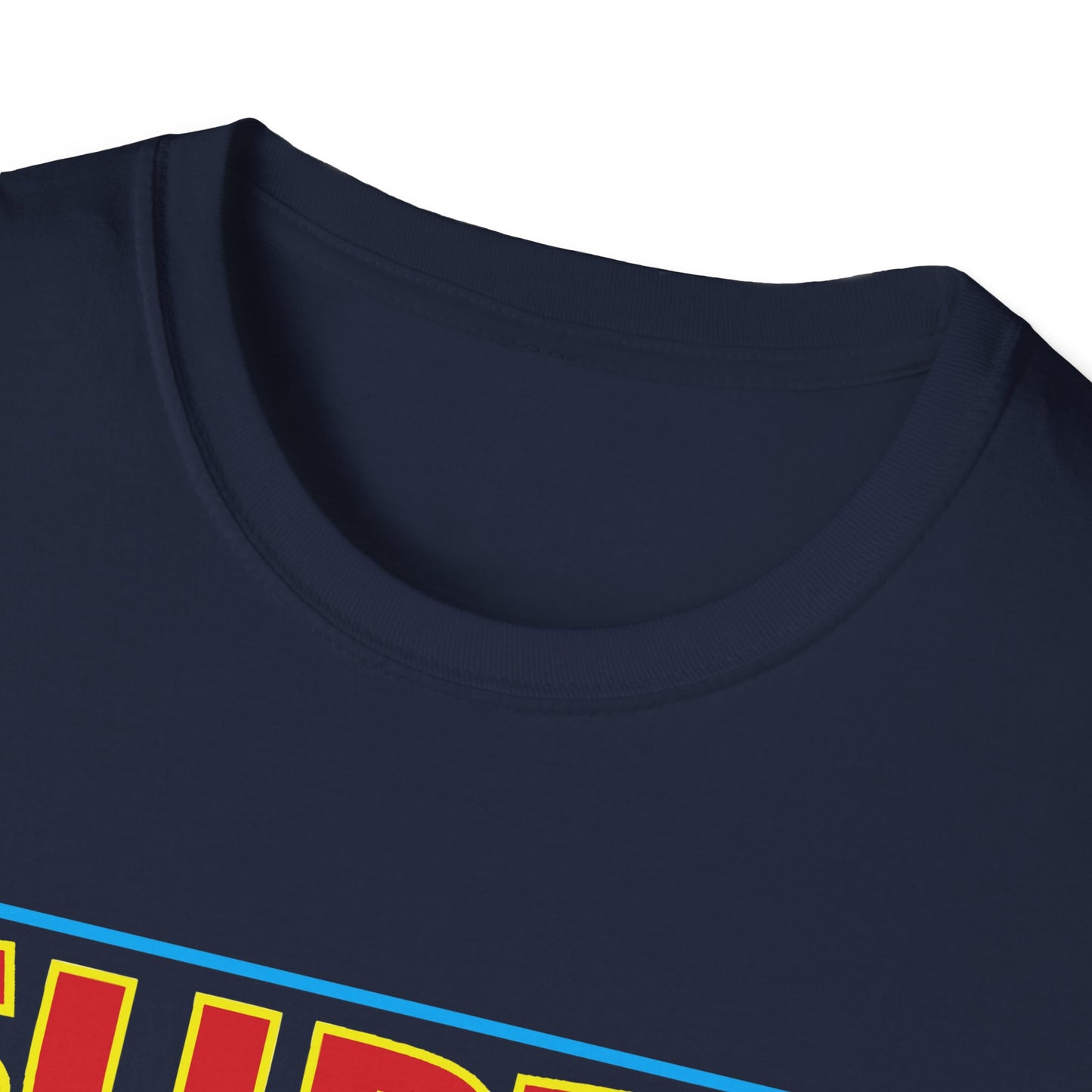 Close-up of a navy blue Unisex Softstyle Logo T-Shirt neckline with a portion of a yellow and red "PRIDE Toronto" graphic visible on the chest. The fabric texture is smooth, and the neckline is neatly stitched.