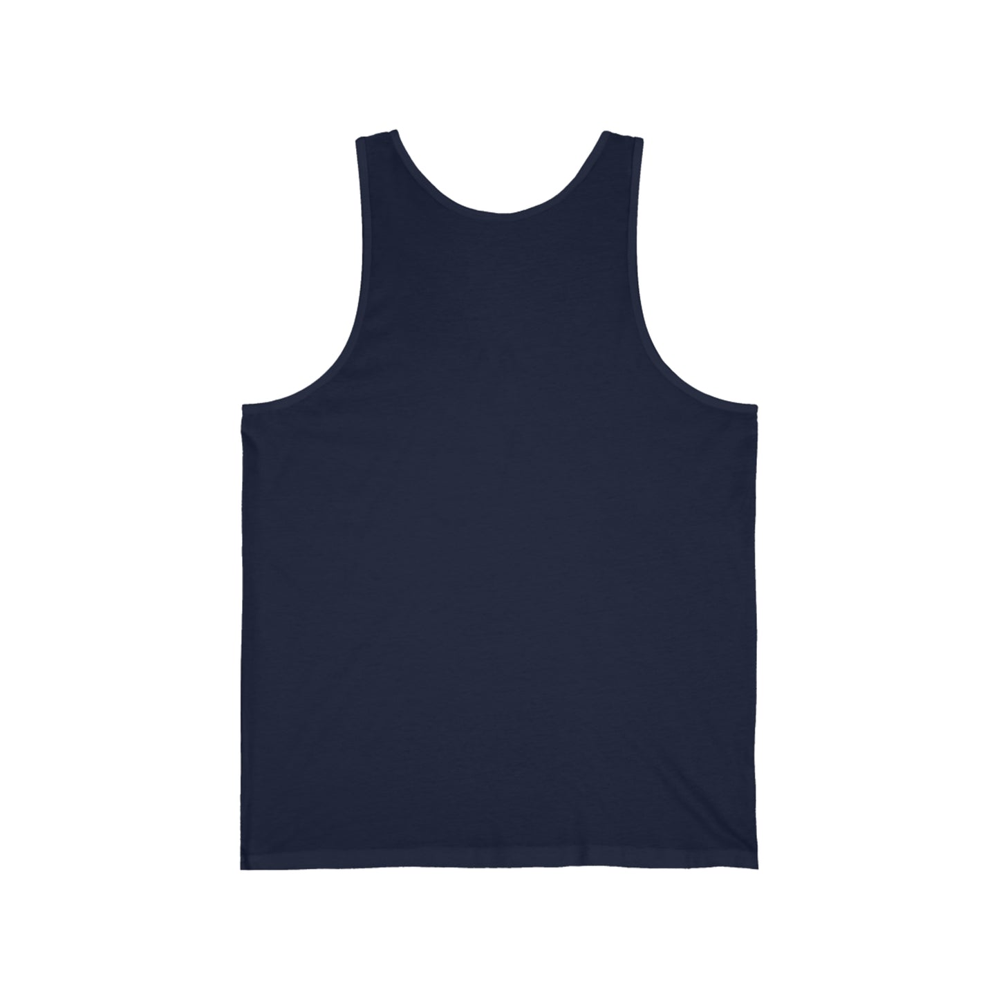 A plain navy blue Unisex Jersey Tank from Printify isolated on a white background, purchased in Toronto.
