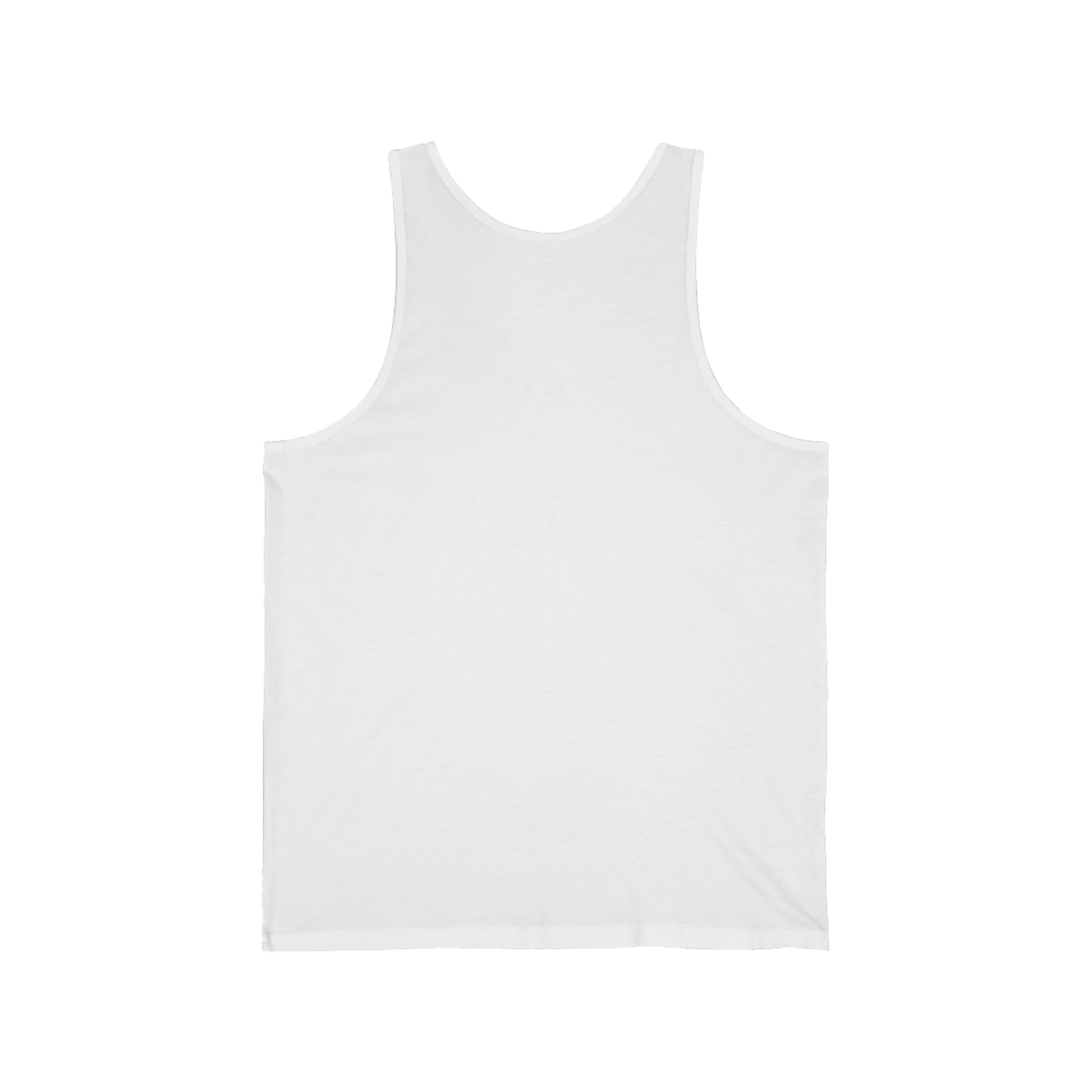 Plain white Unisex Jersey Tank displayed against a white background, featuring a sleeveless design with a scoop neckline, perfect for the casual vibes of Cabbagetown, Toronto.