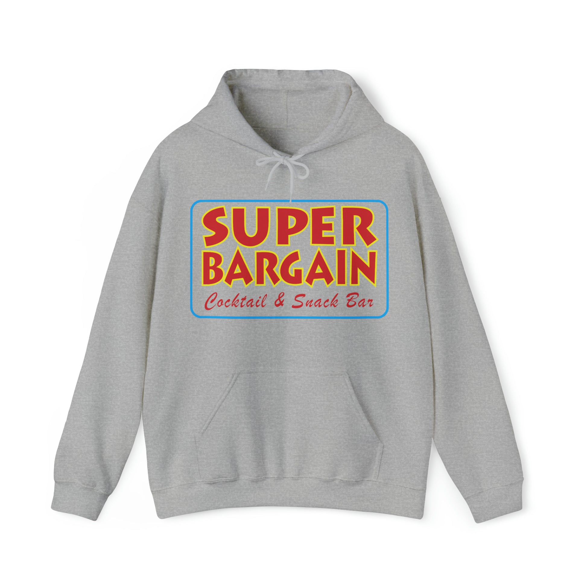 A gray Printify Unisex Heavy Blend™ Hooded Sweatshirt with the words "Toronto SUPER BARGAIN Cocktail & Snack Bar" in bold, colorful lettering on the front. The hoodie has a drawstring and is displayed against a white background.