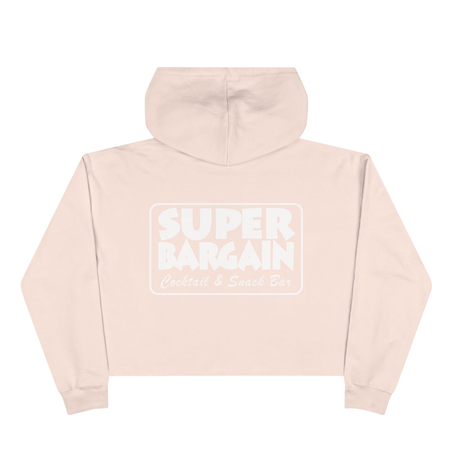 Back view of a plain light pink Crop Hoodie with Monochrome Cabbagetown and Super Bargain Logo printed in bold white letters on the back by Printify.