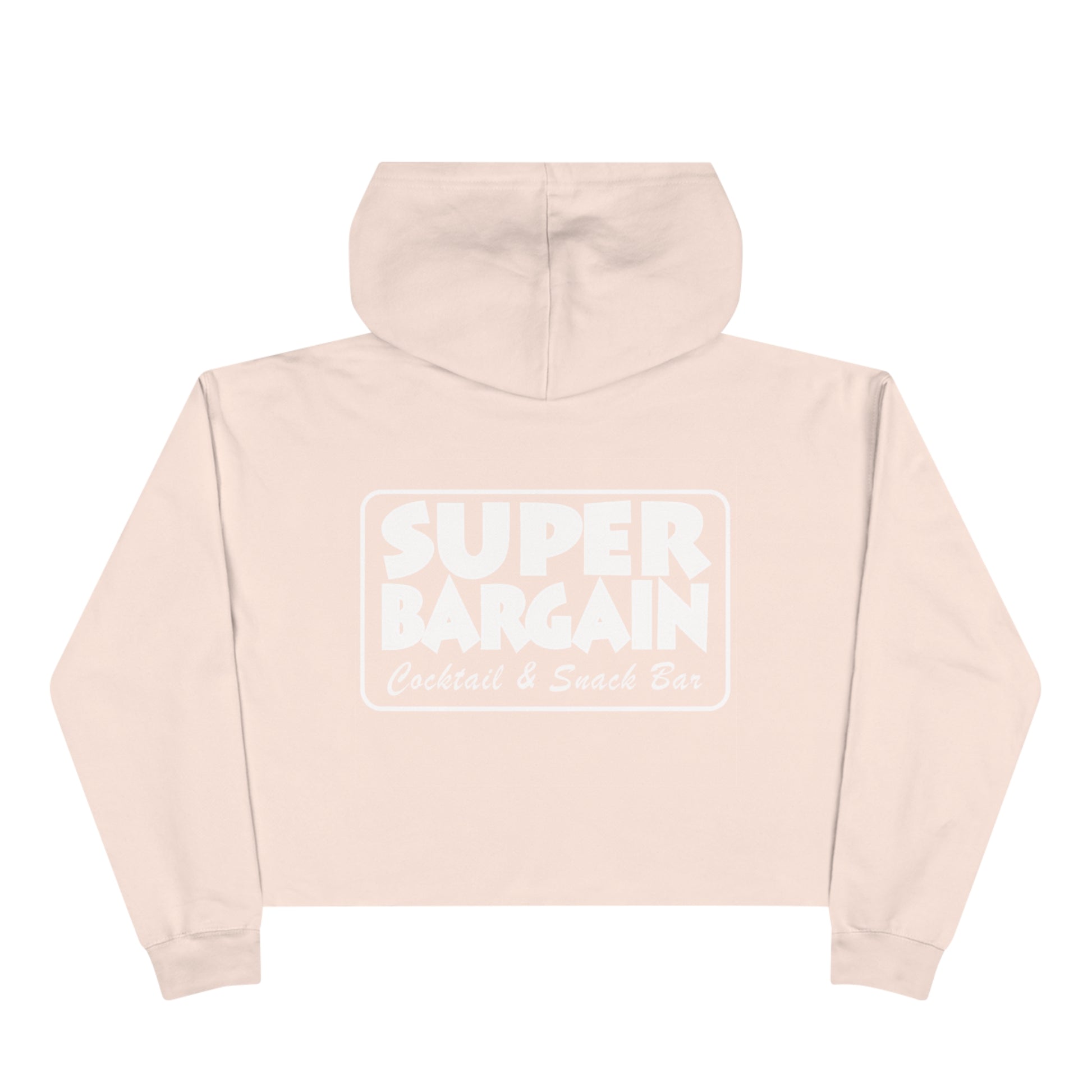 Back view of a plain light pink Crop Hoodie with Monochrome Cabbagetown and Super Bargain Logo printed in bold white letters on the back by Printify.