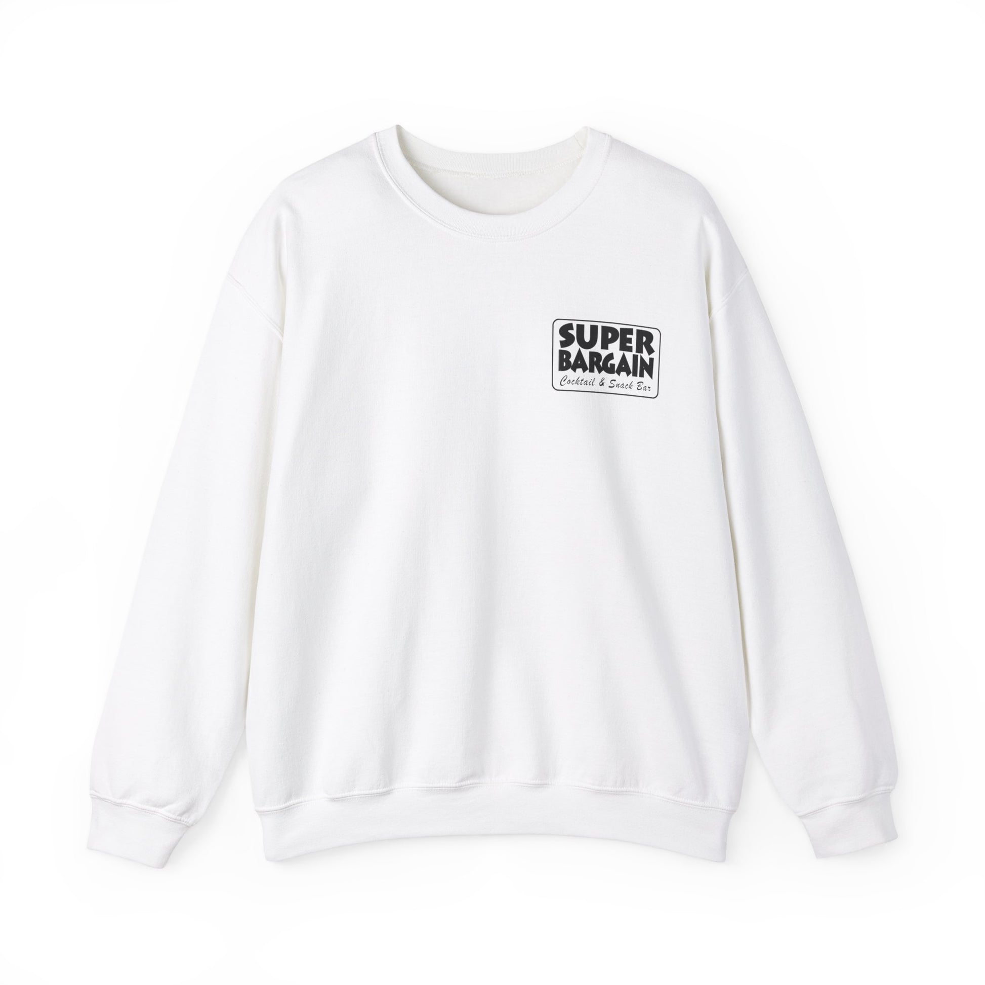 A plain white Unisex Heavy Blend™ Crewneck Monochrome Logo Sweatshirt with long sleeves and a crew neck, featuring a small black and white logo that says "SUPER BARGAIN SALE" on the left chest area, displayed on a white background. This item is available exclusively in Toronto's Cabbagetown district.