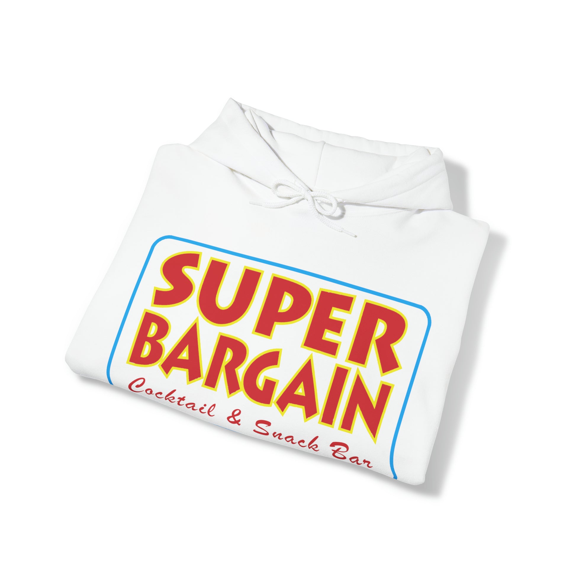 White folded Unisex Heavy Blend™ Hooded Sweatshirt with a vibrant red and yellow "SUPER BARGAIN - Cabbagetown Cocktail & Snack Bar" logo on its front, displayed on a plain white background by Printify.