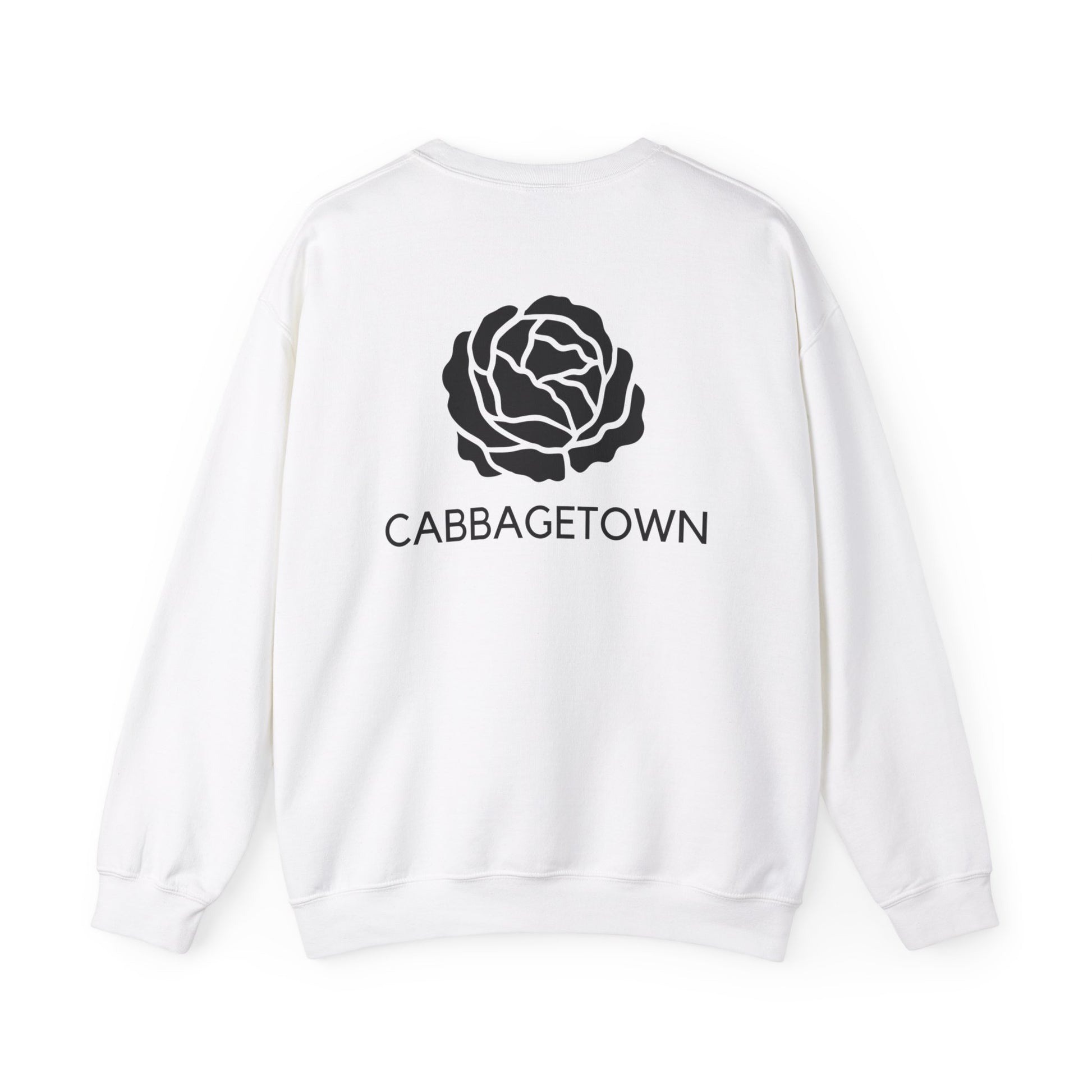 A white Unisex Heavy Blend™ Crewneck Monochrome Logo and Cabbagetown Sweatshirt with the word "TORONTO" printed below it, viewed from the back.