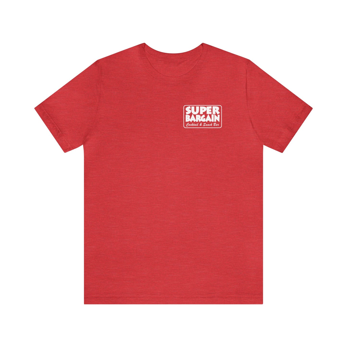 Unisex Jersey Short Sleeve Monochrome Logo Tee by Printify with a small logo in the upper left area, featuring the text "SUPER & BEAR - Cabbagetown Grocery" in white on a red background.