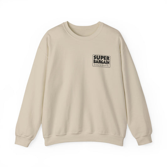 Printify's Unisex Heavy Blend™ Crewneck Monochrome Logo Sweatshirt, featuring a black square logo with the text "SUPER BARGAIN" on the chest, displayed on a plain white background in Cabbagetown, Toronto.