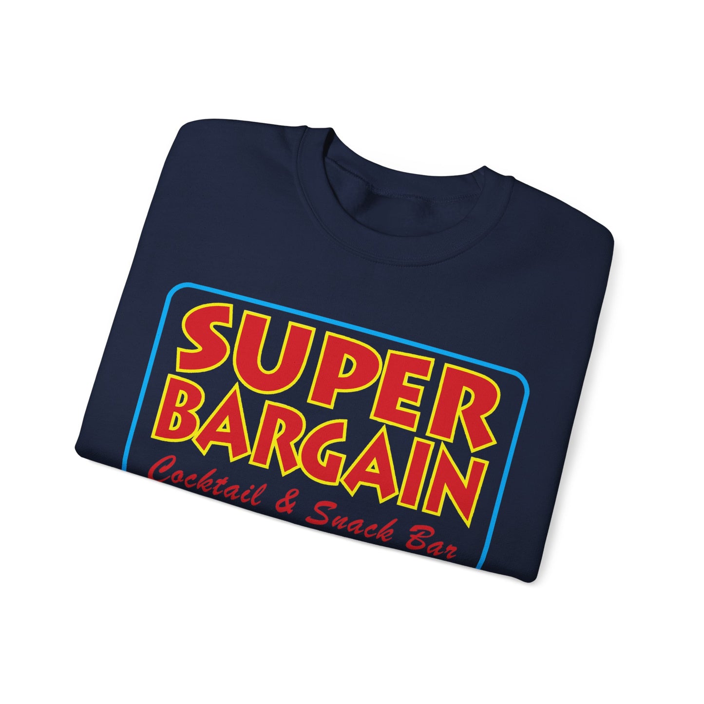 A navy blue Unisex Heavy Blend™ Crewneck Signature Logo Sweatshirt with a colorful graphic that reads "SUPER BARGAIN Cabbagetown Cocktail & Snack Bar" featured on the front, displayed on a plain white background by Printify.