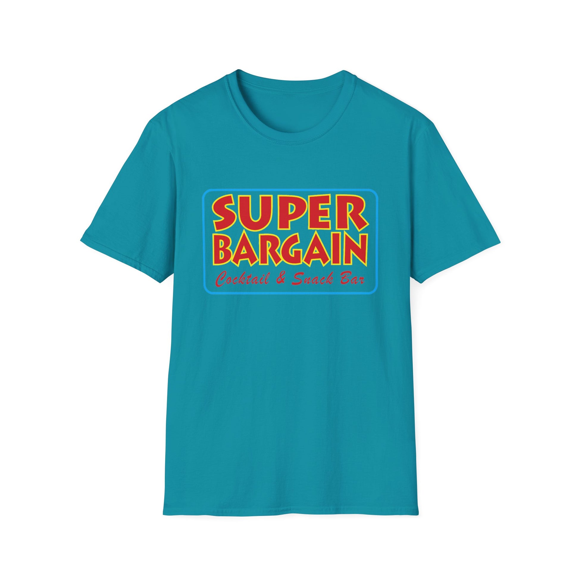 A turquoise Unisex Softstyle Logo T-shirt with "SUPER BARGAIN Cocktail & Snack Bar, Cabbagetown Toronto" printed in bold, retro-styled orange and yellow font on the chest by Printify.