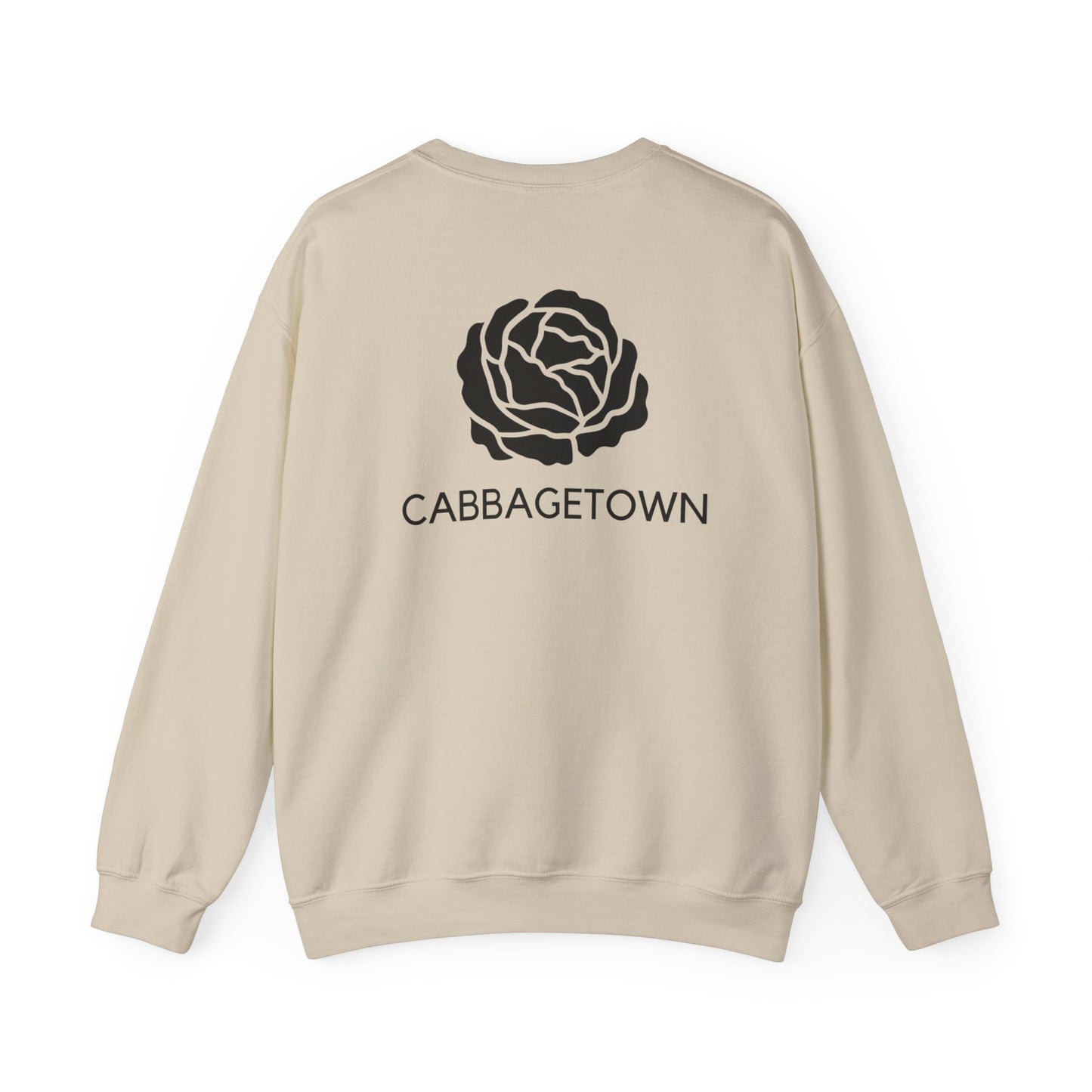 A Unisex Heavy Blend™ Crewneck Monochrome Logo and Cabbagetown Sweatshirt by Printify with a black graphic of a rose and the word "TORONTO" printed below it on the back. The sweatshirt is displayed on a plain white background.