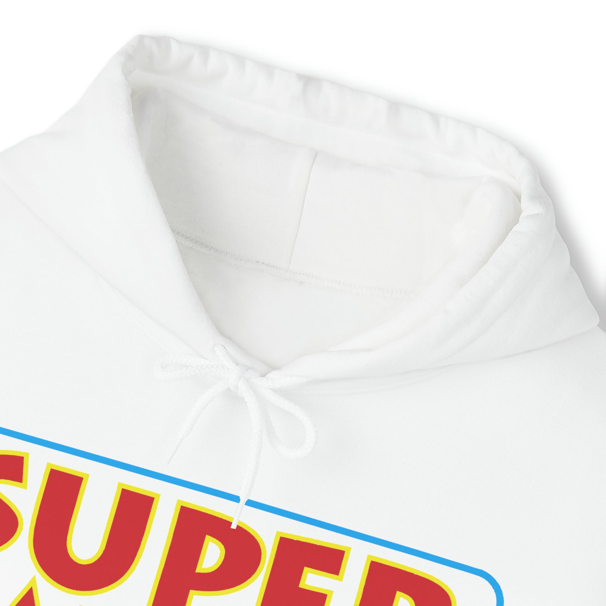Close-up of a white Unisex Heavy Blend™ Hooded Sweatshirt by Printify with a colorful "SUPER" text graphic on the front, showing detail of the hood and drawstrings, inspired by Toronto's Cabbagetown.