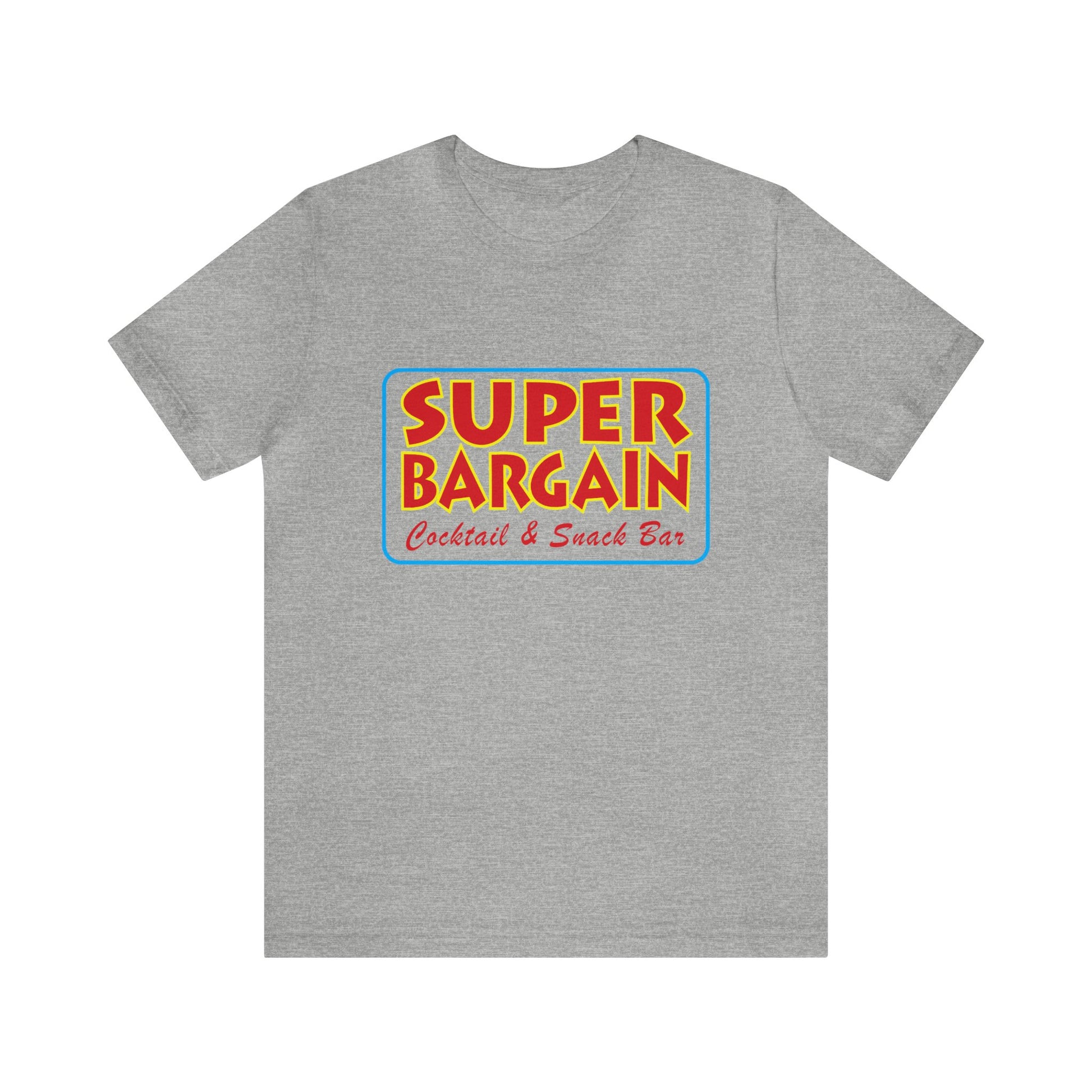 A gray Unisex Jersey Short Sleeve Tee with a colorful logo that reads "SUPER BARGAIN Cocktail & Snack Bar - Cabbagetown, Toronto" in yellow and red letters on a blue and orange background by Printify.