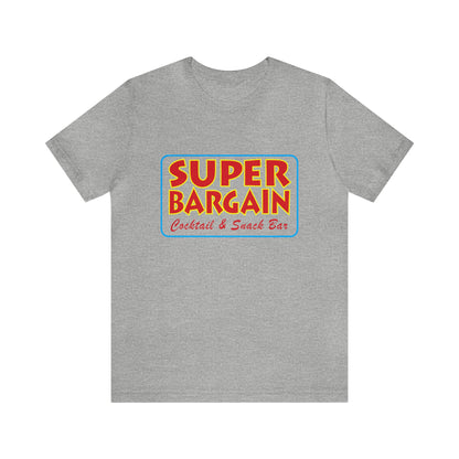 A gray Unisex Jersey Short Sleeve Tee with a colorful logo that reads "SUPER BARGAIN Cocktail & Snack Bar - Cabbagetown, Toronto" in yellow and red letters on a blue and orange background by Printify.