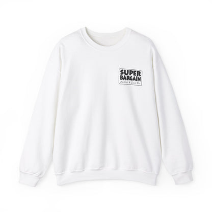 Plain white Unisex Heavy Blend™ Crewneck Monochrome Logo and Cabbagetown Sweatshirt with a small black and white logo reading "SUPER BARGAIN SALE - CABBAGETOWN, TORONTO" on the upper left chest area, displayed on a white background by Printify.