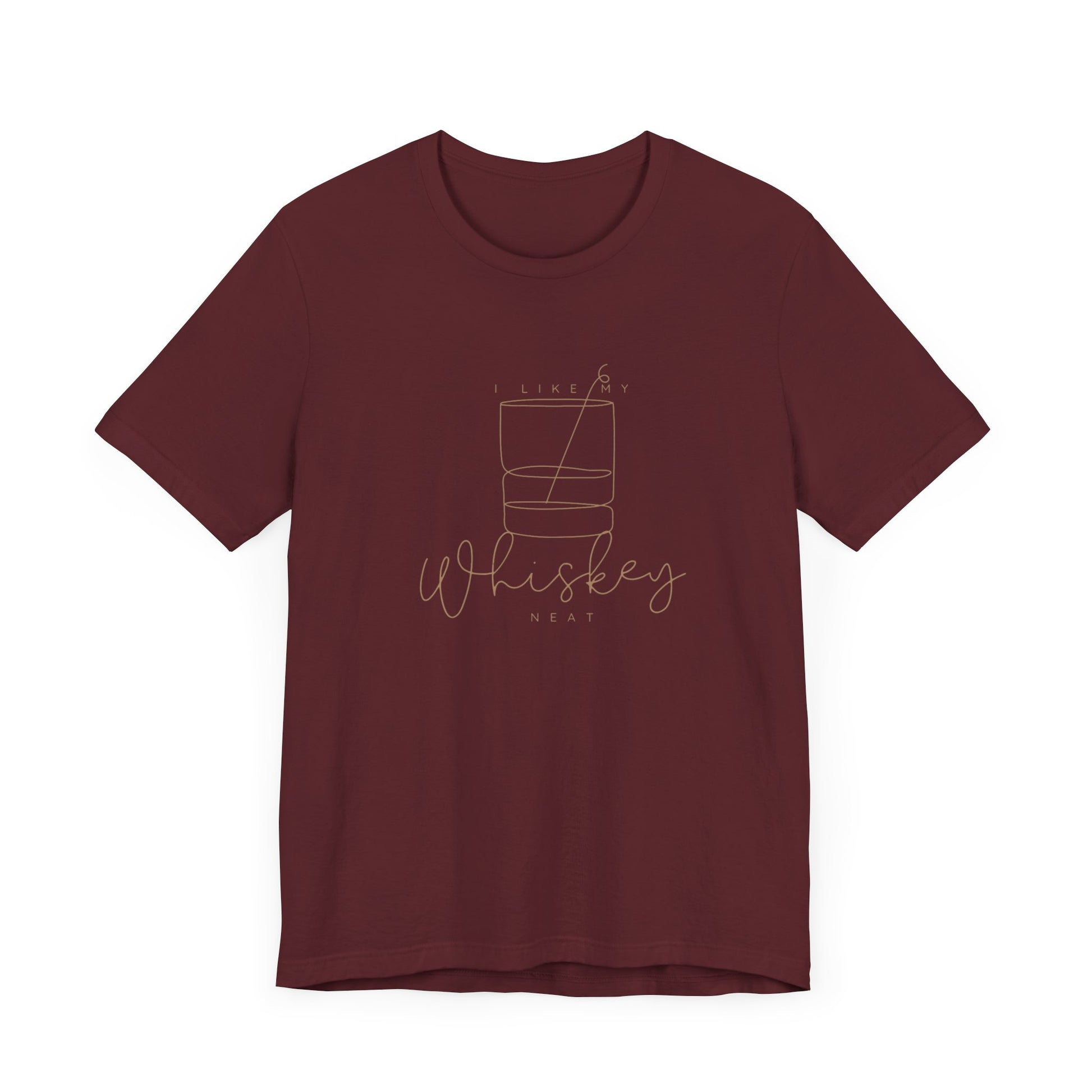 The Printify "I Like My Whiskey Neat" Unisex Jersey Short Sleeve Tee is a dark maroon shirt featuring a minimalist line drawing of a glass of whiskey on the front. Above the glass, the text reads "I LIKE MY," and below it, larger text declares "Whiskey Neat." This simple and stylish design, created with thin white lines on soft cotton, offers a retail fit perfect for any wardrobe.