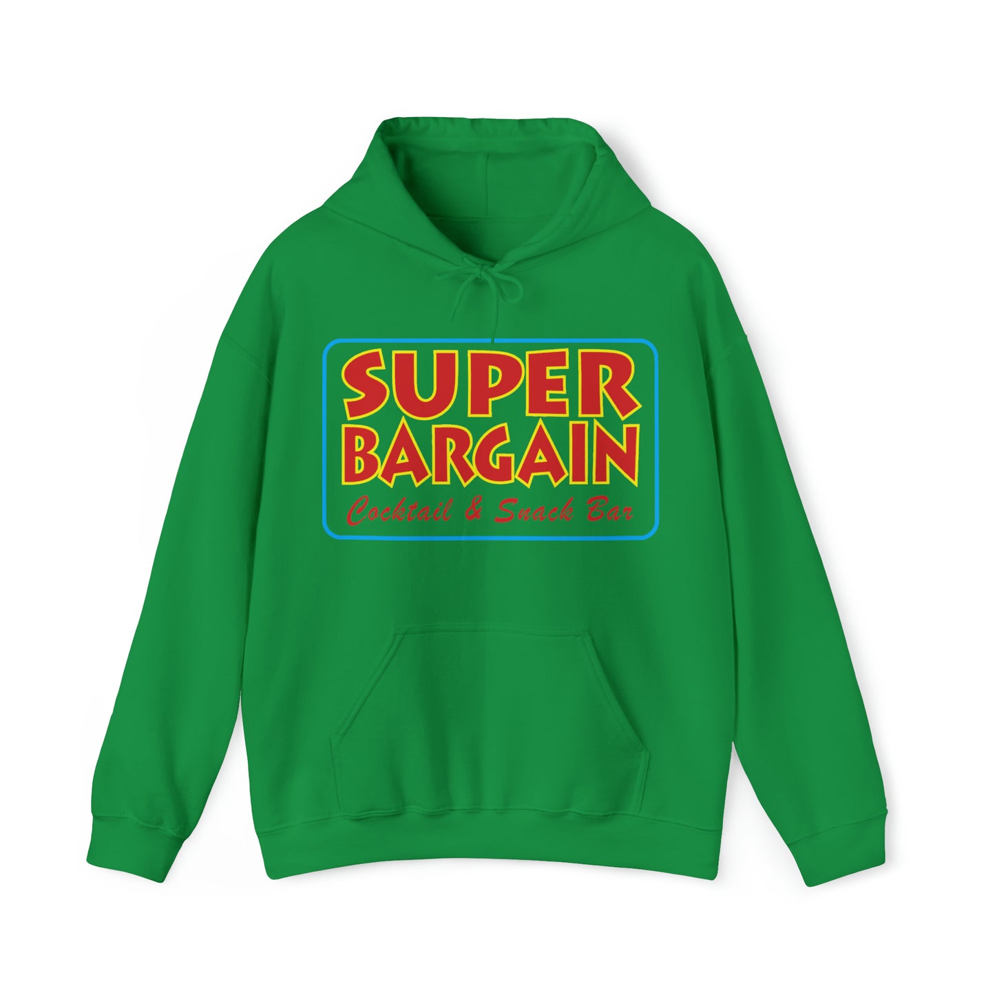 Unisex Heavy Blend™ Hooded Sweatshirt with the text "SUPER BARGAIN Toronto Cocktail & Snack Bar" printed in bold, multicolored letters on the front by Printify.