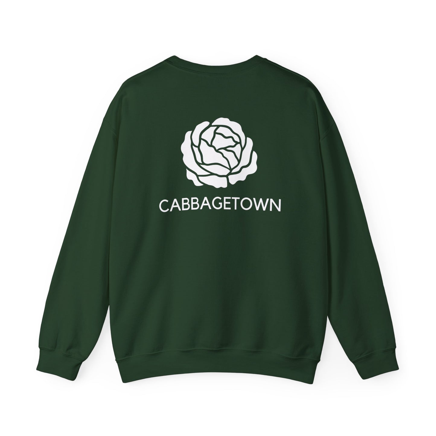 A Unisex Heavy Blend™ Crewneck Monochrome Logo and Cabbagetown Sweatshirt displayed on a white background with a white stylized cabbage design and the text "CABBAGETOWN TORONTO" printed below it, brought to you by Printify.