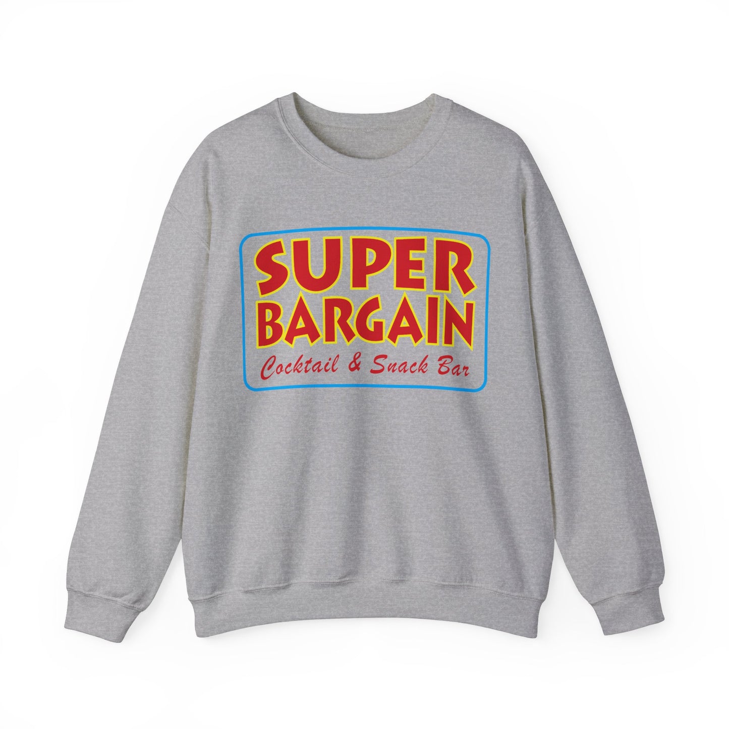 A gray Unisex Heavy Blend™ Crewneck Signature Logo Sweatshirt with a colorful design that reads "SUPER BARGAIN Cocktail & Snack Bar, Cabbagetown" in yellow, red, and blue retro-style lettering by Printify.