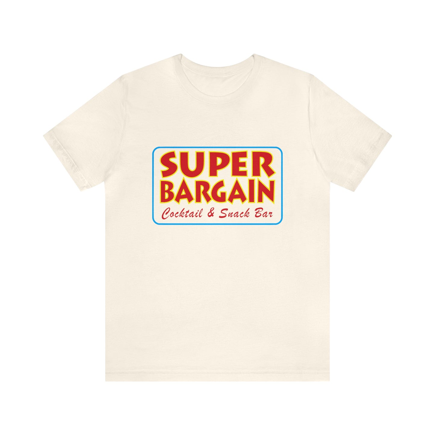 A beige Unisex Jersey Short Sleeve Tee with a colorful graphic logo in the center reading "Super Bargain, Cabbagetown Cocktail & Snack Bar" in red and blue font against a yellow background from Printify.