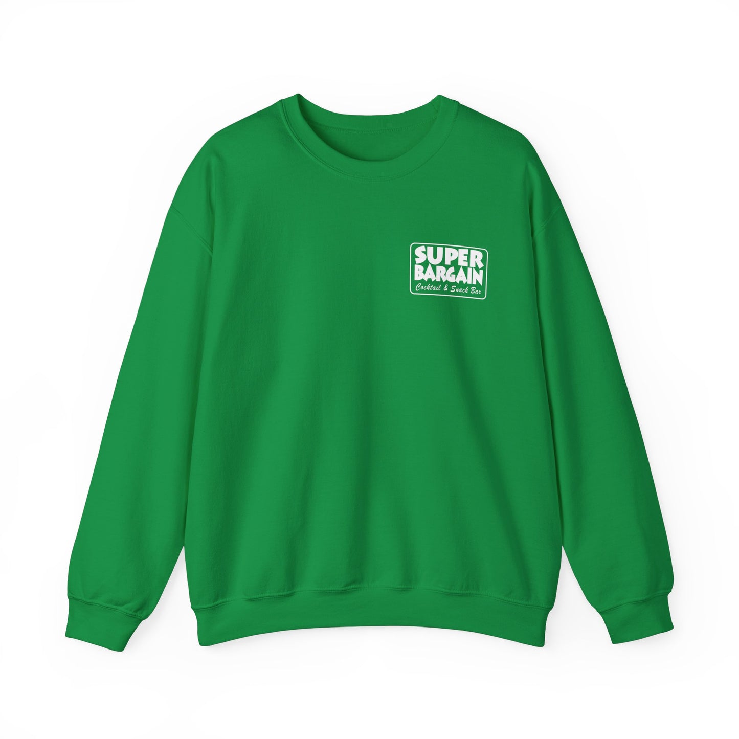 Bright green Printify Unisex Heavy Blend™ Crewneck Monochrome Logo Sweatshirt with the phrase "SUPER BARGAIN" printed in bold white letters inside a black rectangle on the left chest. The sweatshirt, evoking the vibrant spirit of Cabbagetown, Toronto, is displayed on a plain, white background.
