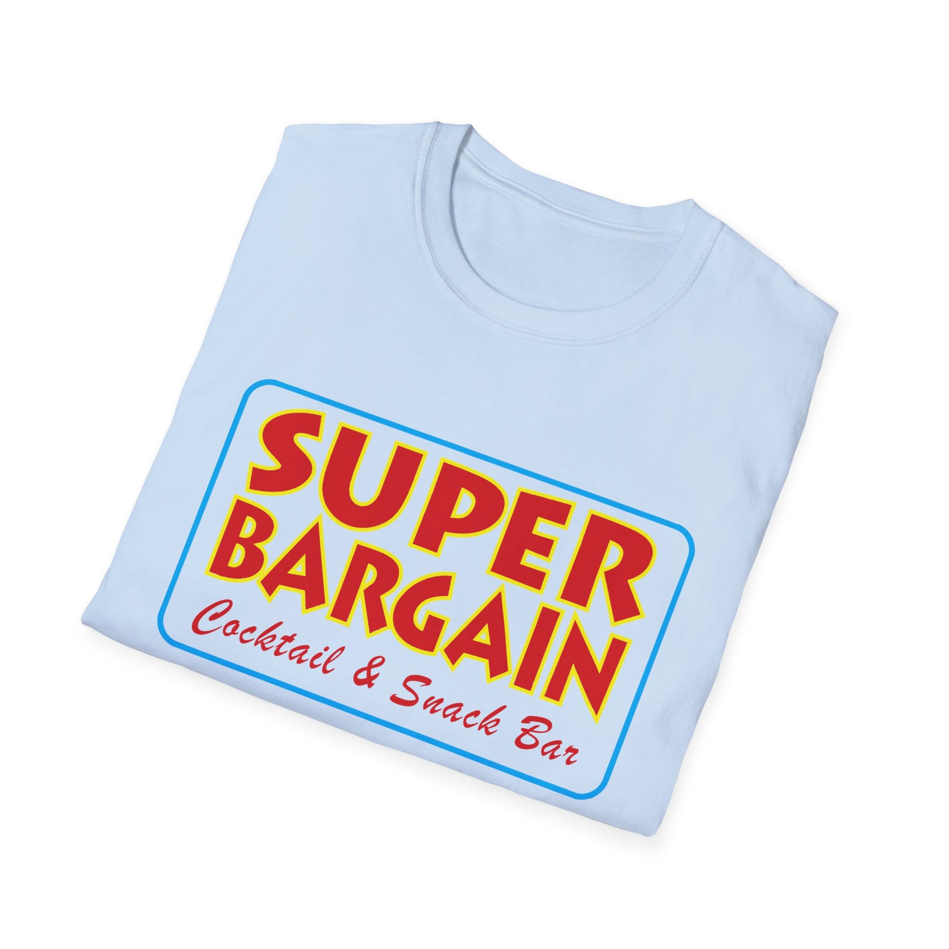 Light blue folded Unisex Softstyle Logo T-Shirt with a bright red and yellow logo that reads "Cabbagetown SUPER BARGAIN Cocktail & Snack Bar" on a white background by Printify.