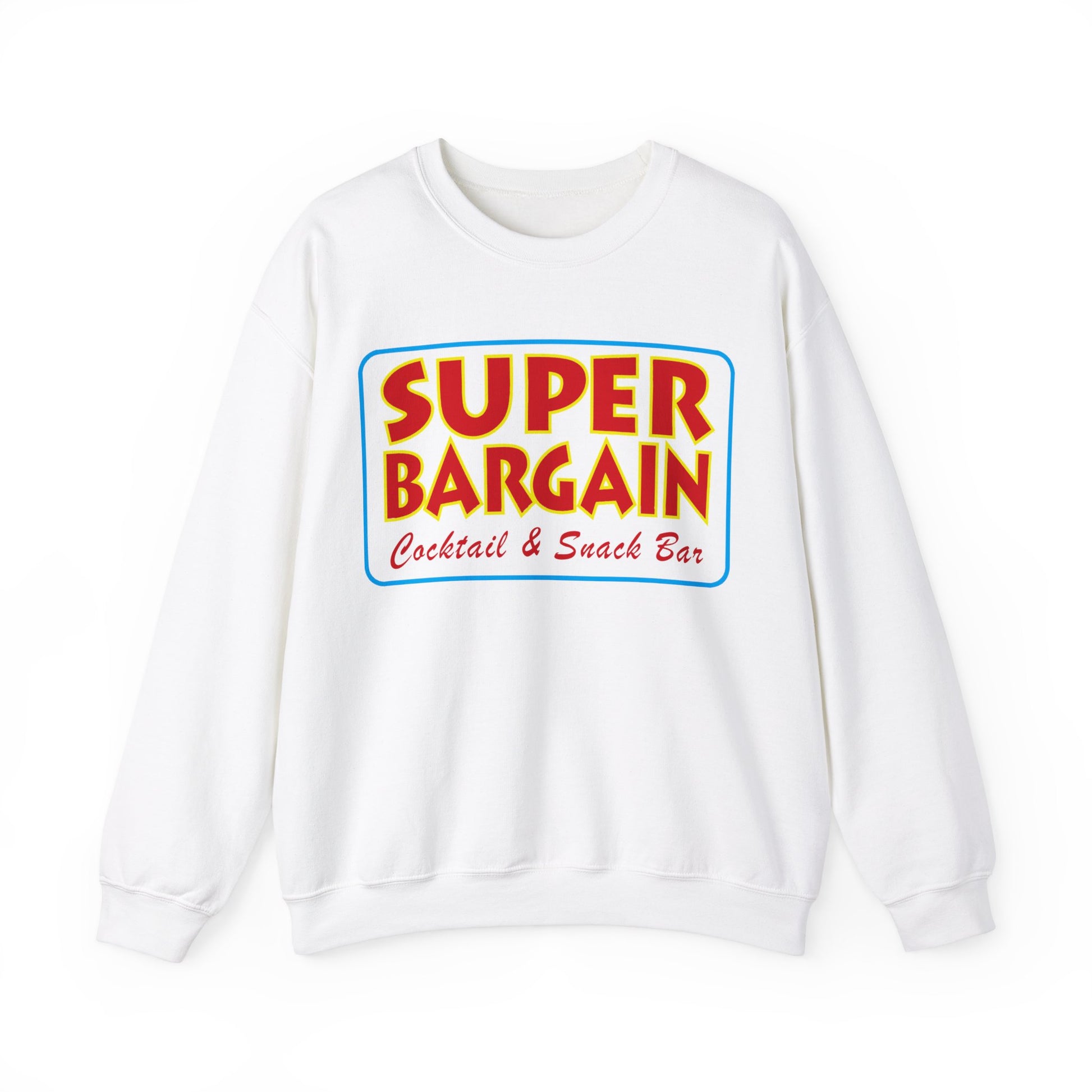 A white Unisex Heavy Blend™ Crewneck Signature Logo sweatshirt by Printify, featuring the phrase "SUPER BARGAIN Cocktail & Snack Bar - Cabbagetown, Toronto" in bold, colorful letters displayed across the front.