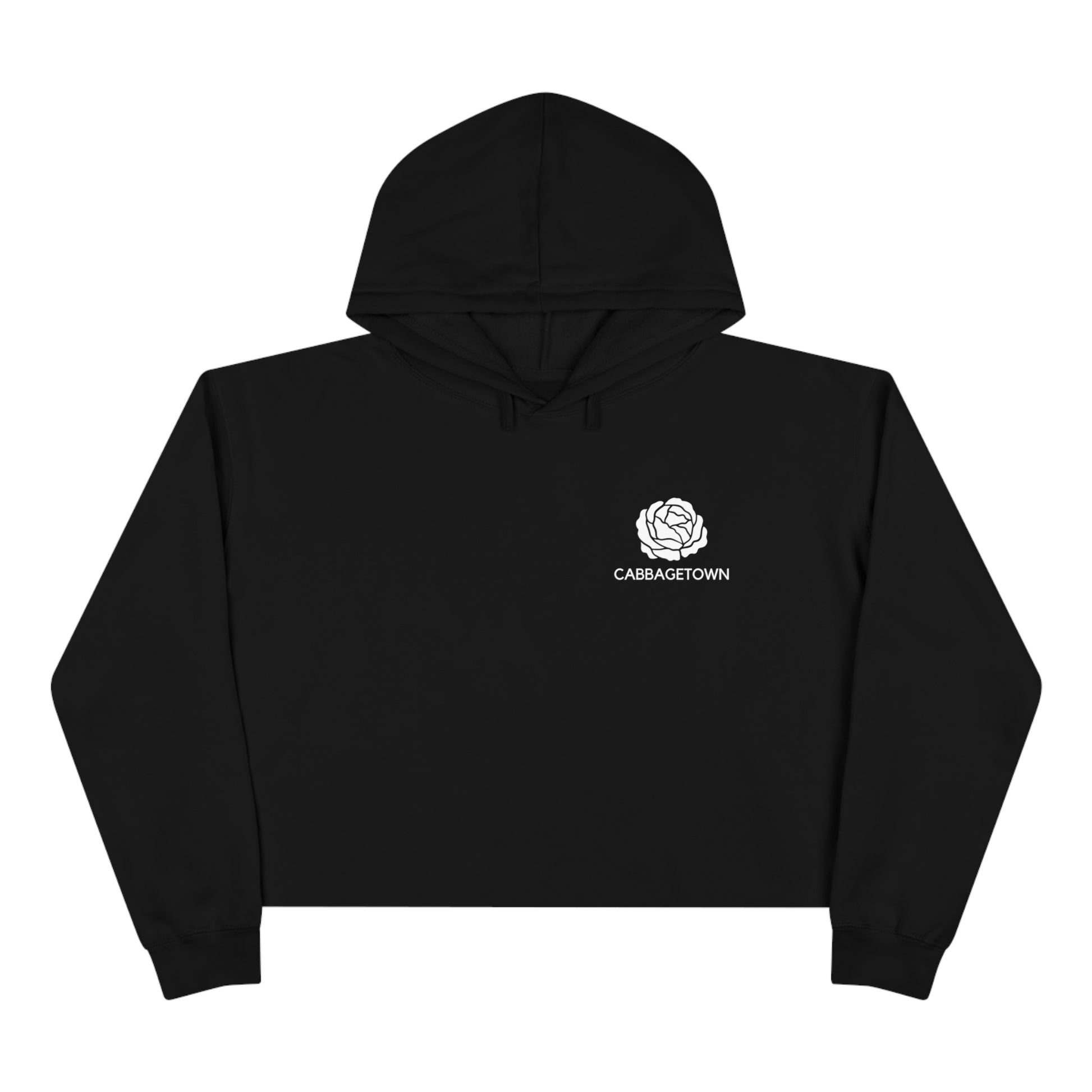 A Crop Hoodie with Monochrome Cabbagetown and Super Bargain Logo, featuring a small white rose emblem and the word "Toronto" printed on the left chest area by Printify.