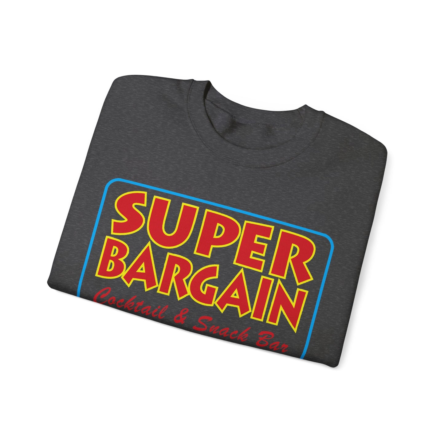 Unisex Heavy Blend™ Crewneck Signature Logo Sweatshirt with a colorful print that reads "SUPER BARGAIN Cocktail & Snack Bar - Cabbagetown" in bold, retro-style lettering on a yellow and blue background by Printify.