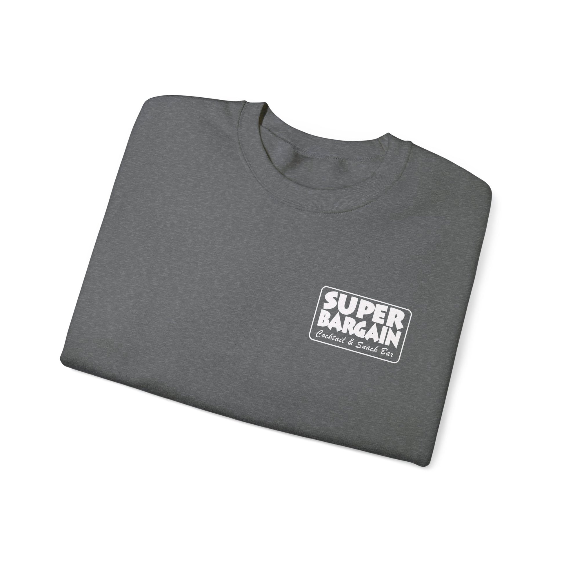 A folded Unisex Heavy Blend™ Crewneck Monochrome Logo Sweatshirt with a white logo labeled "Super Bargain, Celebrating A Great Era in Cabbagetown, Toronto" on the chest, presented on a plain white background.