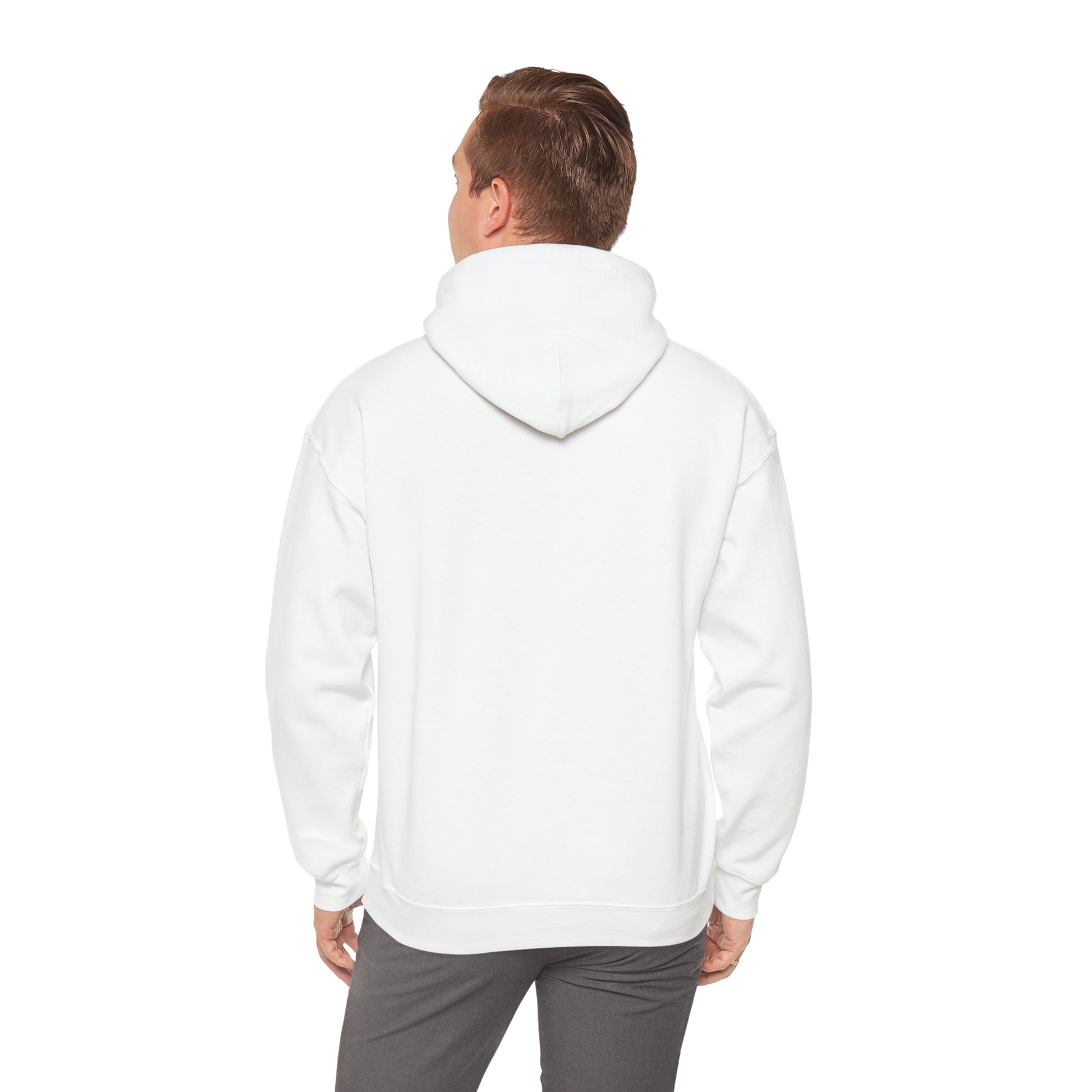 Rear view of a man wearing a Printify Unisex Heavy Blend™ Hooded Sweatshirt in white and grey pants, standing against a white background in Toronto's Cabbagetown. The hoodie's hood is up, partially obscuring his brown hair.