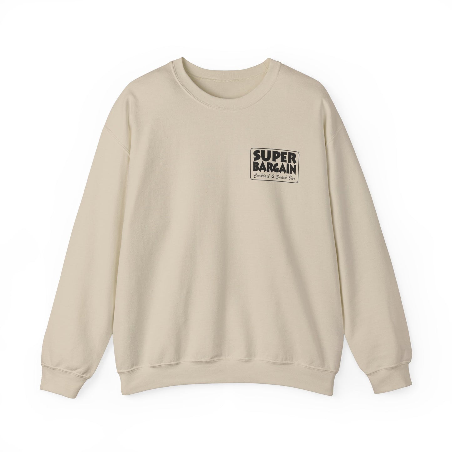 A beige Unisex Heavy Blend™ Crewneck Monochrome Logo and Cabbagetown sweatshirt with long sleeves, displayed flat with a black square logo featuring the text "SUPER BARGAIN" on the chest. The background is plain white, subtly evoking the urban vibes of Toronto's Cabbagetown.