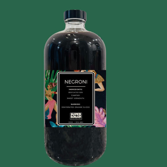 Image of a bottle of Negroni RTD Cocktail Gift Box. The bottle, presented in a sleek cocktail gift box, has a black cap and label that reads "NEGRONI" with ingredients listed as Beefeater Gin, Campari, and Sweet Vermouth. This pre-mixed masterpiece also suggests garnish options like dehydrated orange slices. The brand is Super Bargain Shop.
