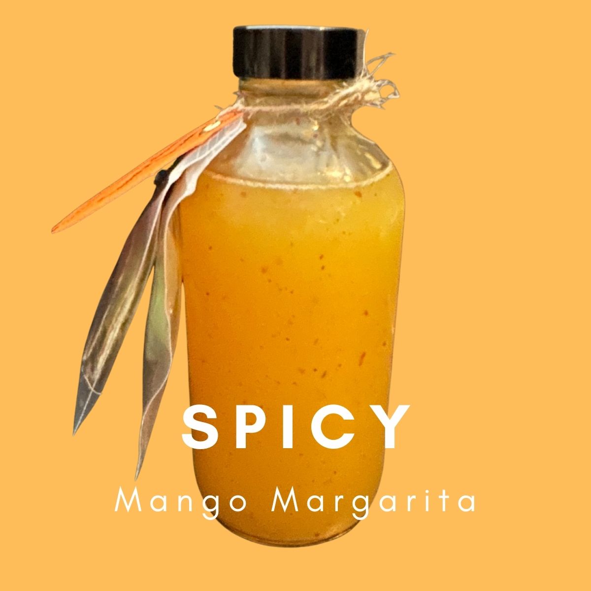 A bottle of Spicy Mango Margarita with an orange background. The bottle is sealed with a metal cap, decorated with a twine bow and a feather. The label reads "Spicy Mango Margarita" in bold white text, indicating it's crafted from top shelf spirits from the Super Bargain Shop's RTD Cocktail Gift Boxes.