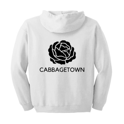 The Super Bargain Unisex Heavy Blend™ Full Zip Hooded Sweatshirt in white features a comfy design with a black graphic of a stylized cabbage on the back. Made from soft fleece, it also has "CABBAGETOWN" printed in black capital letters below the graphic.