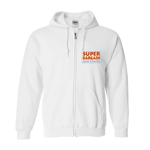 The Cabbagetown / Super Bargain Unisex Heavy Blend™ Full Zip Hooded Sweatshirt by Super Bargain is a white, cozy zip-up hoodie featuring a square "SUPER BARGAIN" logo on the left chest. The logo has an orange border with "SUPER BARGAIN" in orange text and "Celebrate a Great Deal" in smaller red letters. Made from soft fleece, it's perfect for staying cozy.