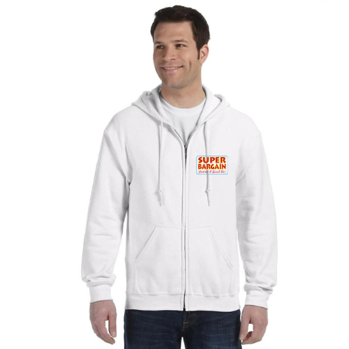 A person wearing a Cabbagetown / Super Bargain Unisex Heavy Blend™ Full Zip Hooded Sweatshirt, featuring a small "Super Bargain amazing deals" logo on the left side of the chest. The soft fleece hoodie complements their casual jeans. They are smiling with their hands by their sides, set against a plain white background.