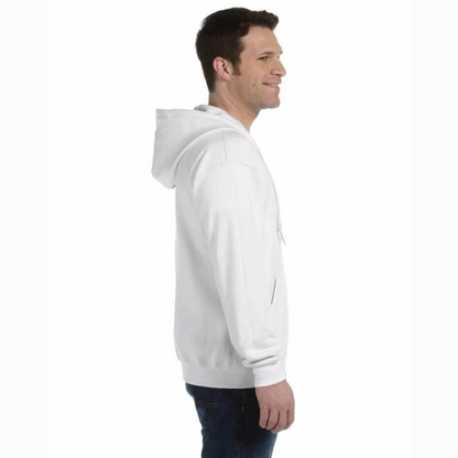 A man wearing the Cabbagetown / Super Bargain Unisex Heavy Blend™ Full Zip Hooded Sweatshirt in white and blue jeans is standing and smiling in a side profile view against a plain white background, showcasing the comfy zip-up in soft fleece for that perfect blend of comfort and style.